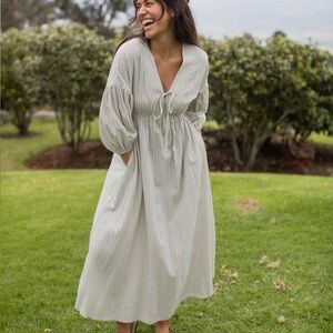 Neuflora Port Augusta Striped Linen Dress in Beige and White